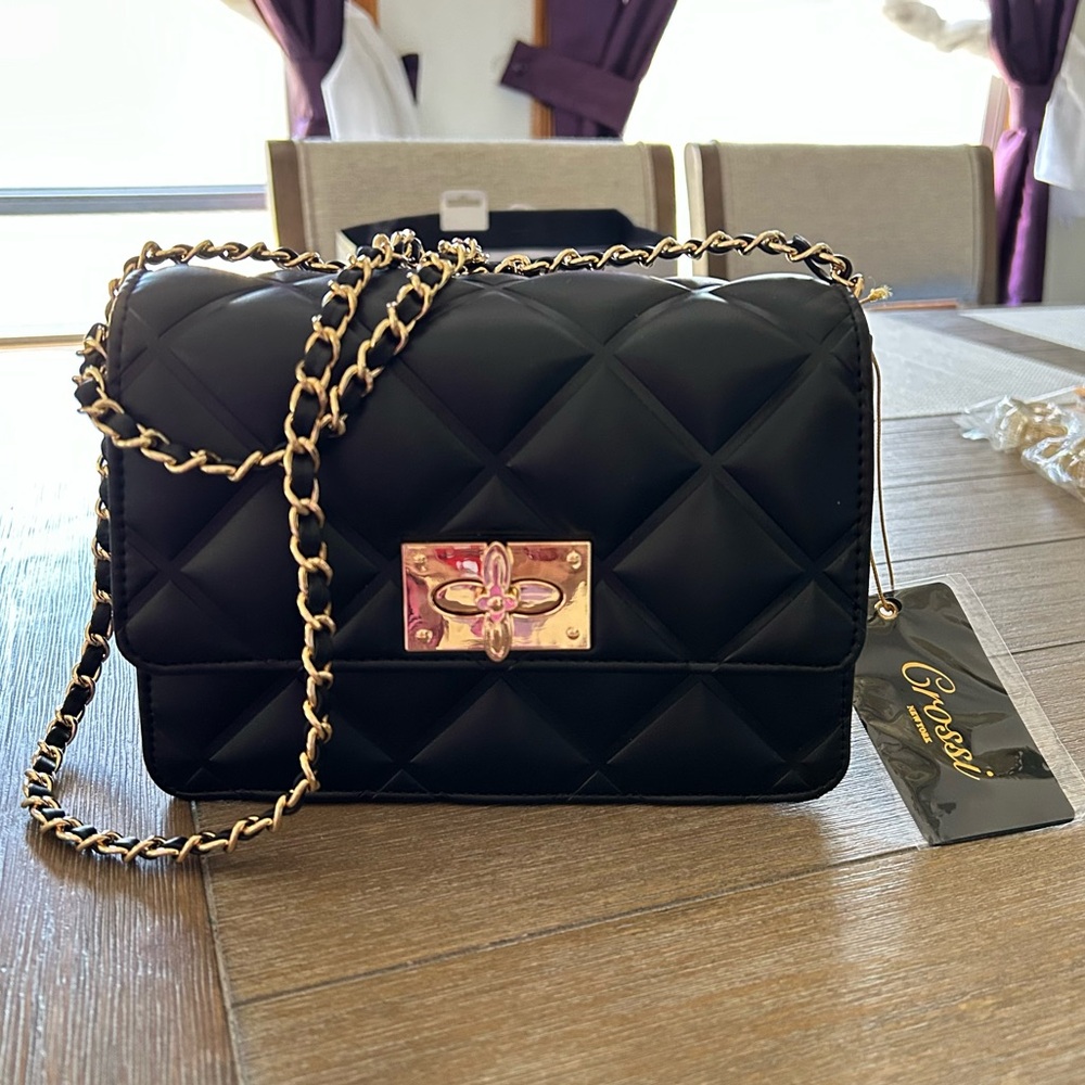 Black Quilted Crossbody Bag with Gold Chain